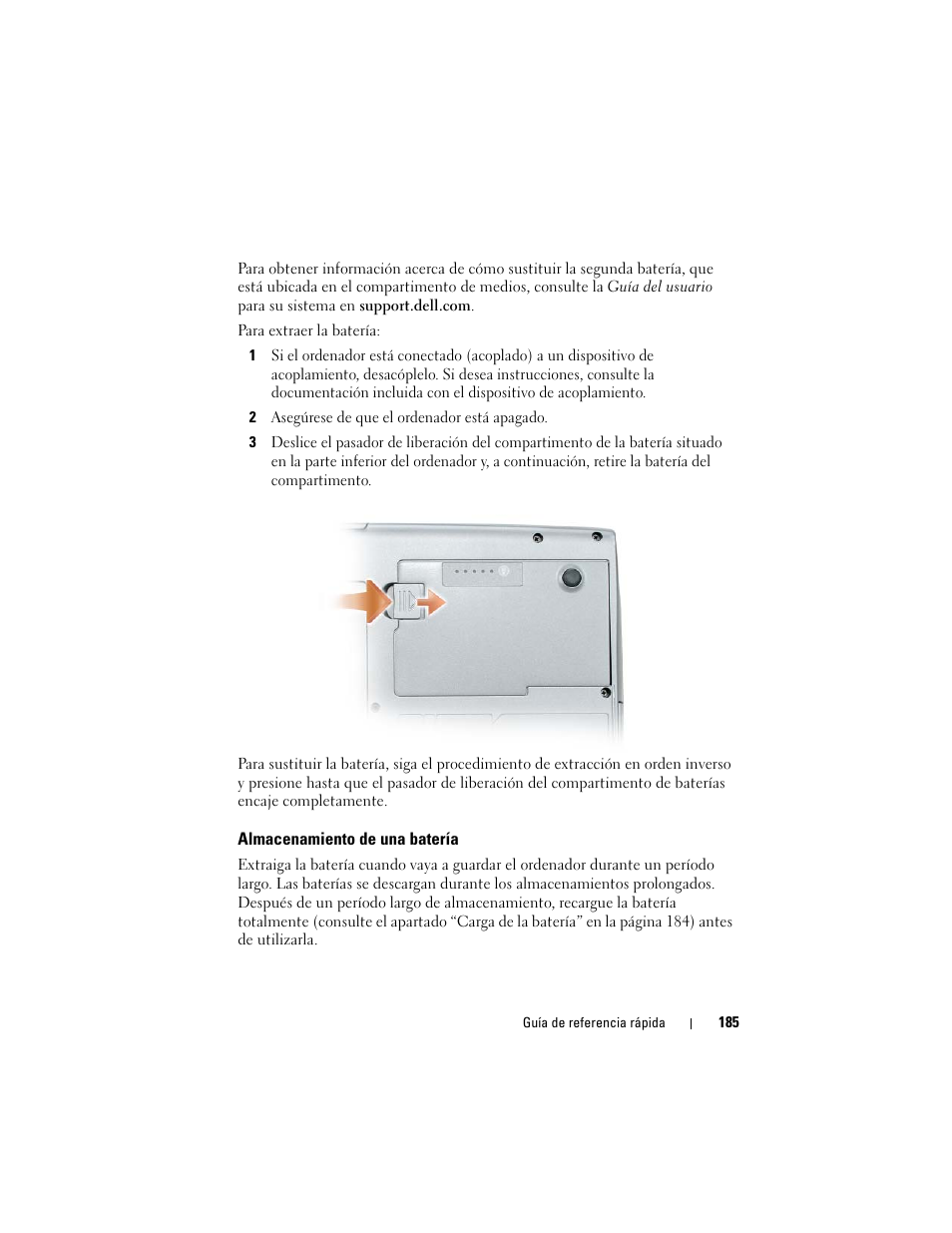 Almacenamiento de una batería | Dell Latitude D530 (Early 2008) User Manual | Page 185 / 194