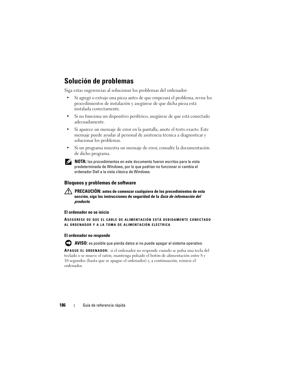 Solución de problemas, Bloqueos y problemas de software | Dell Latitude D530 (Early 2008) User Manual | Page 186 / 194