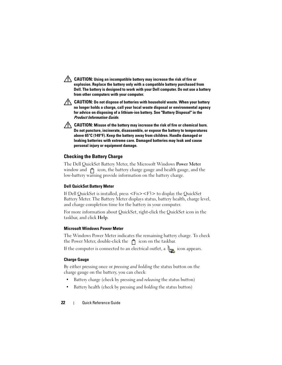 Checking the battery charge | Dell Latitude D530 (Early 2008) User Manual | Page 22 / 194