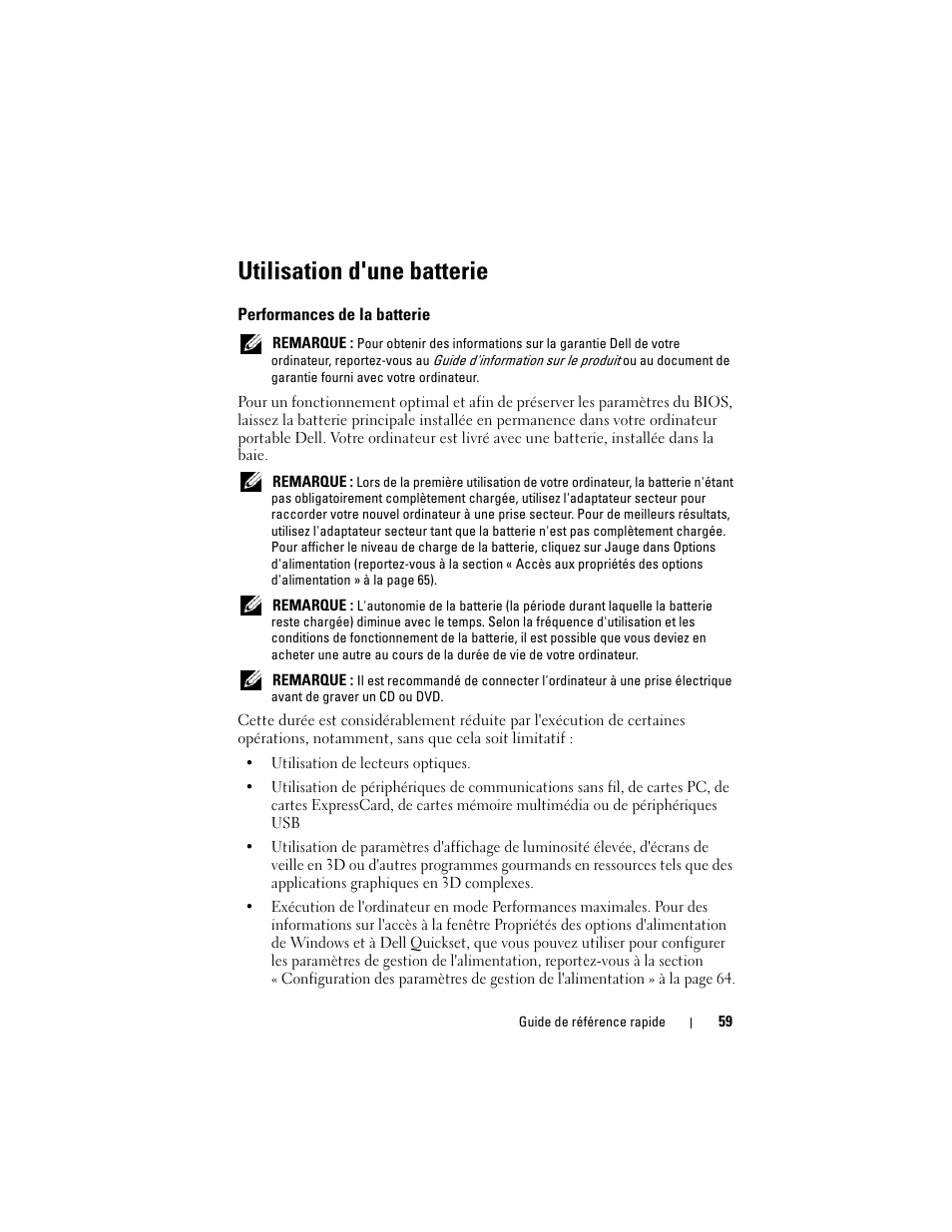 Utilisation d'une batterie, Performances de la batterie | Dell Latitude D530 (Early 2008) User Manual | Page 59 / 194