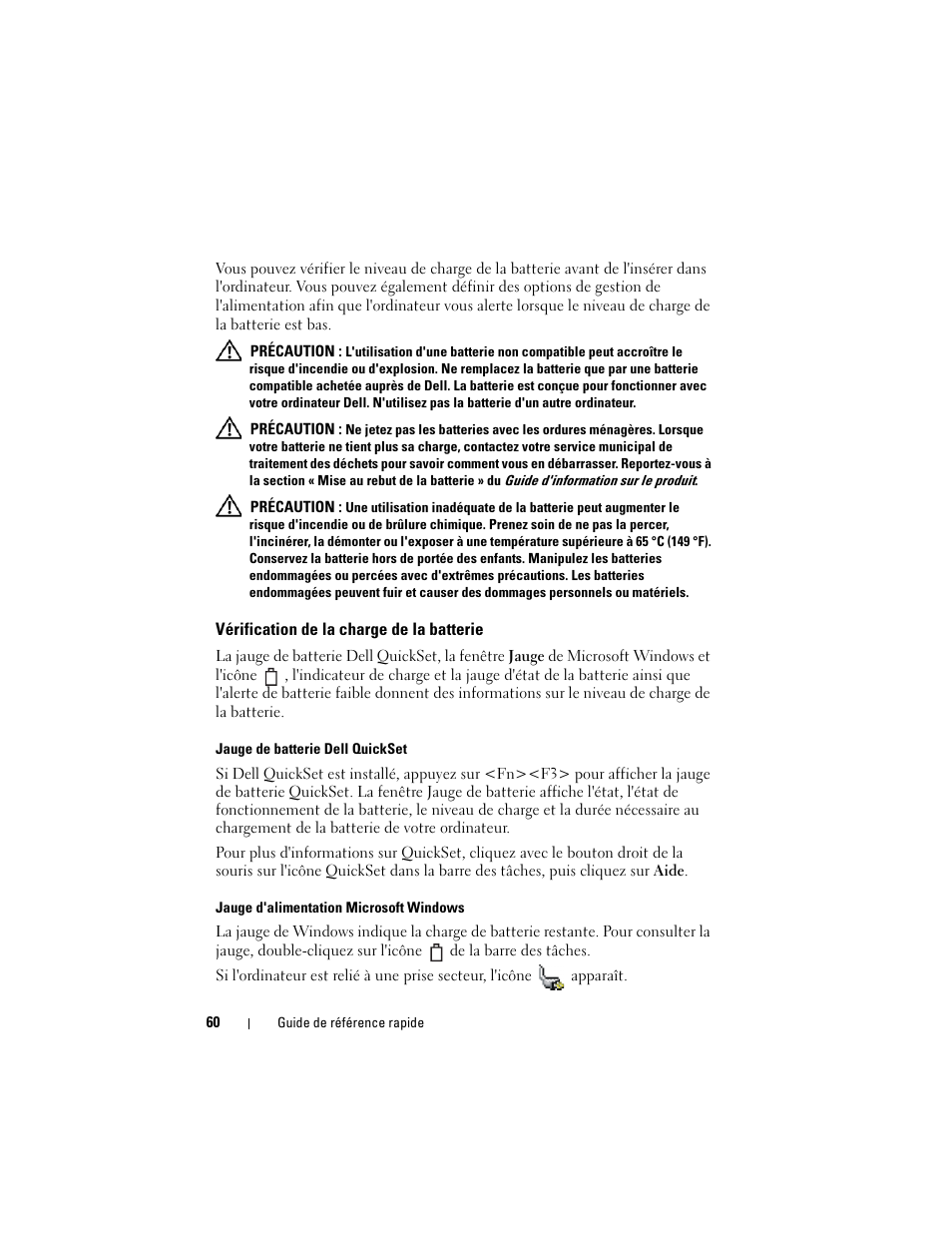 Vérification de la charge de la batterie | Dell Latitude D530 (Early 2008) User Manual | Page 60 / 194