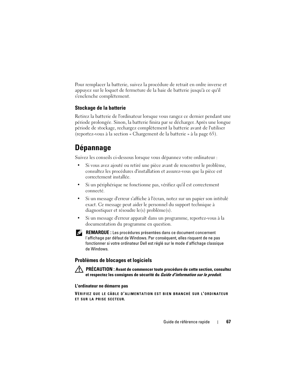 Stockage de la batterie, Dépannage, Problèmes de blocages et logiciels | Dell Latitude D530 (Early 2008) User Manual | Page 67 / 194