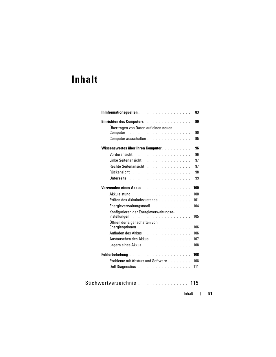 Inhalt, Stichwortverzeichnis | Dell Latitude D530 (Early 2008) User Manual | Page 81 / 194