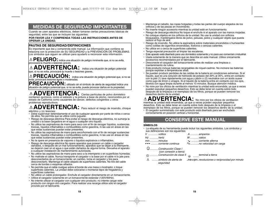 Advertencia, Peligro, Precaución | Conserve este manual, Medidas de seguridad importantes | Black & Decker CHV9610 User Manual | Page 10 / 15