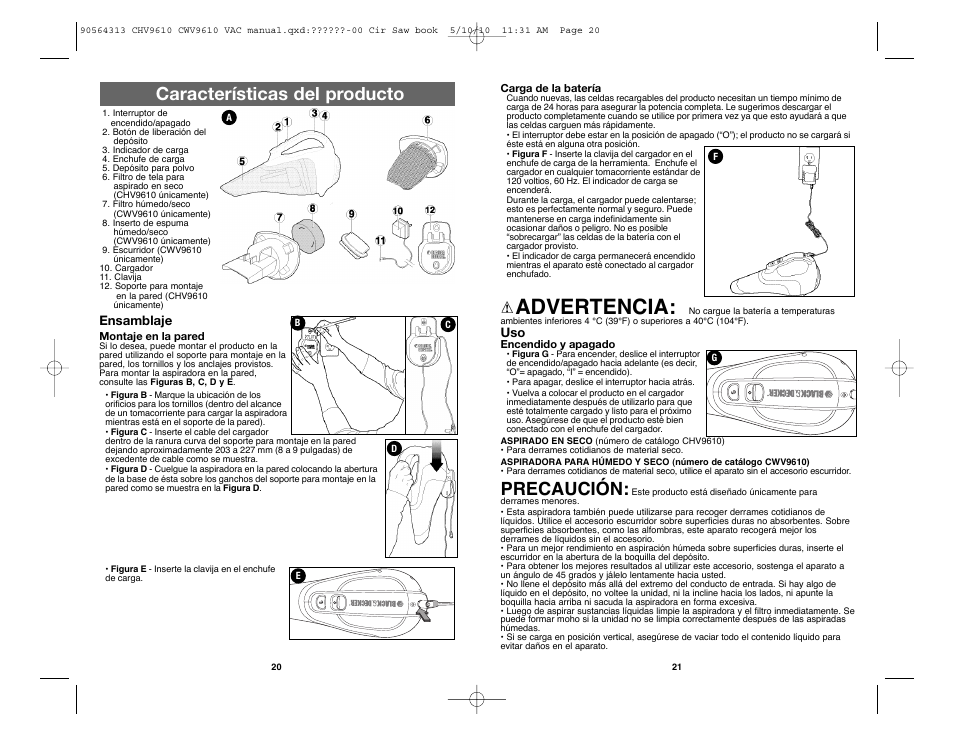 Advertencia, Precaución, Características del producto | Black & Decker CHV9610 User Manual | Page 11 / 15