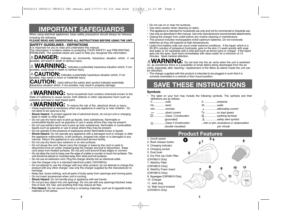 Important safeguards, Save these instructions, Warning | Danger, Caution, Product features | Black & Decker CHV9610 User Manual | Page 2 / 15