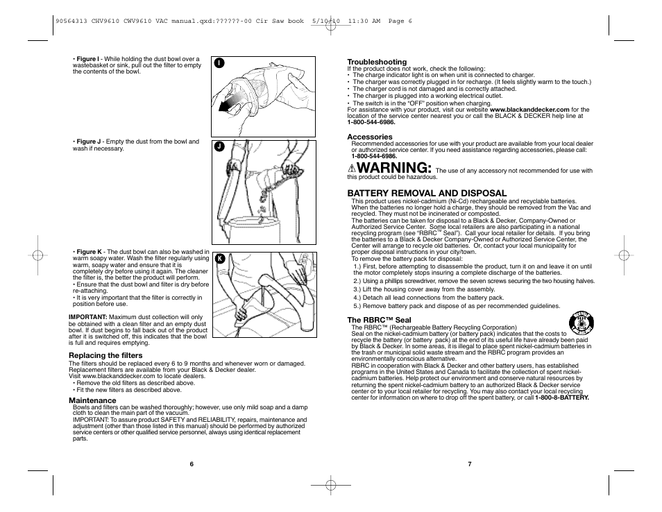 Warning, Battery removal and disposal | Black & Decker CHV9610 User Manual | Page 4 / 15