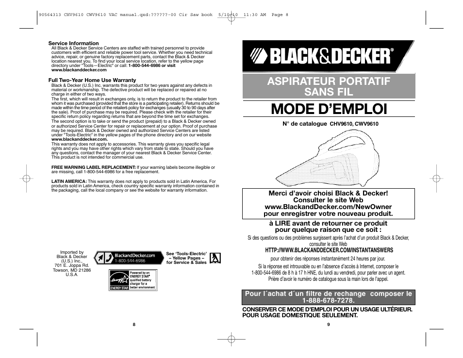 Mode d’emploi, Aspirateur portatif sans fil | Black & Decker CHV9610 User Manual | Page 5 / 15