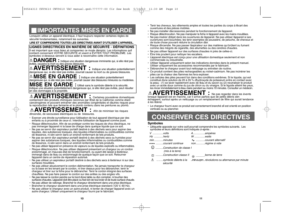 Conserver ces directives, Avertissement, Importantes mises en garde | Danger, Mise en garde | Black & Decker CHV9610 User Manual | Page 6 / 15