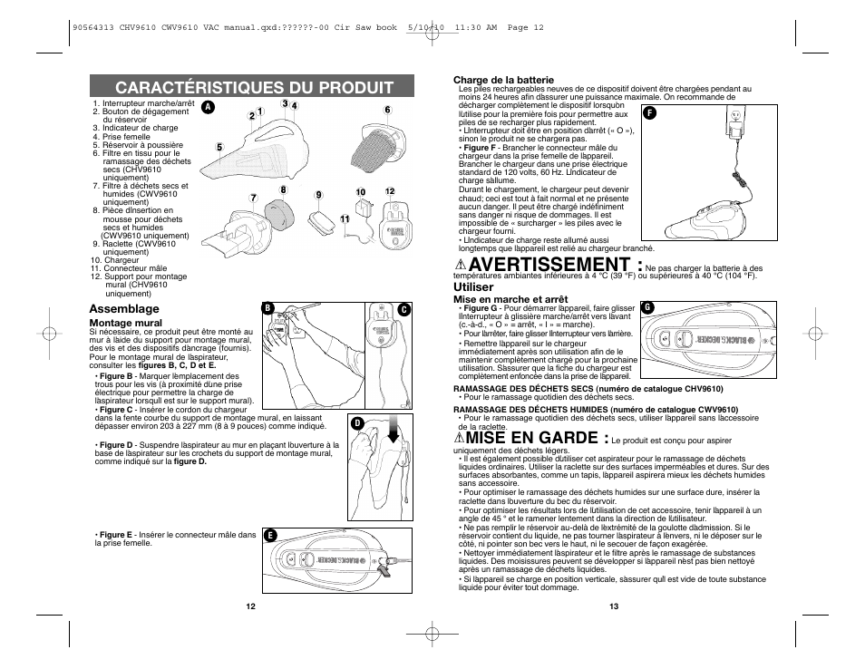 Avertissement, Mise en garde, Caractéristiques du produit | Black & Decker CHV9610 User Manual | Page 7 / 15