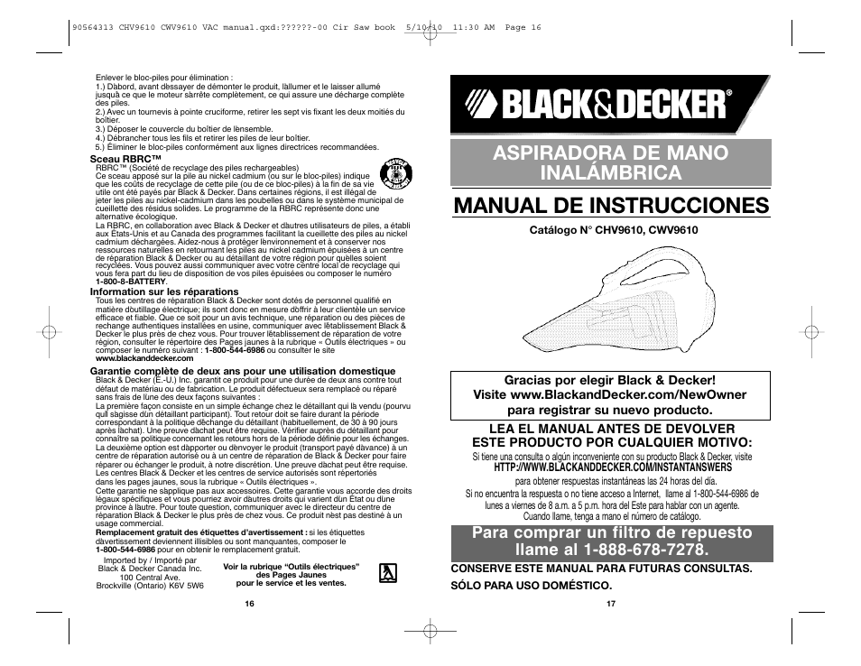 Manual de instrucciones, Aspiradora de mano inalámbrica | Black & Decker CHV9610 User Manual | Page 9 / 15