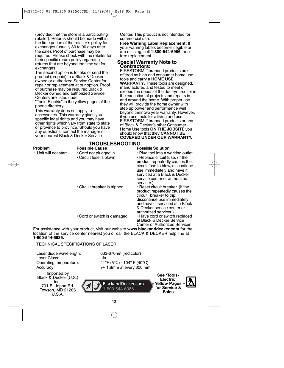 Black & Decker FS1300CSL User Manual | Page 12 / 44