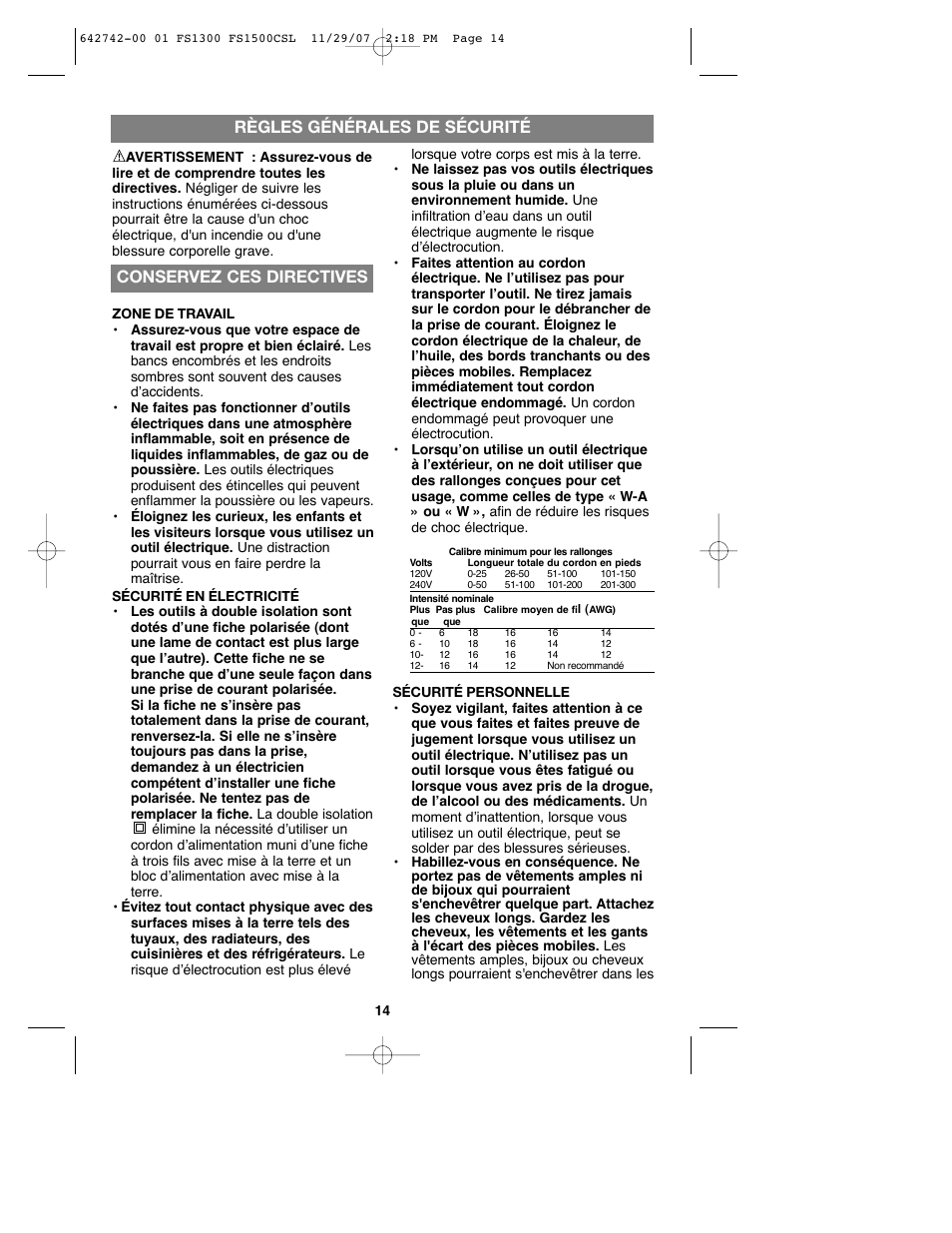 Règles générales de sécurité, Sa ve thestructions, Conservez ces directives | Black & Decker FS1300CSL User Manual | Page 14 / 44