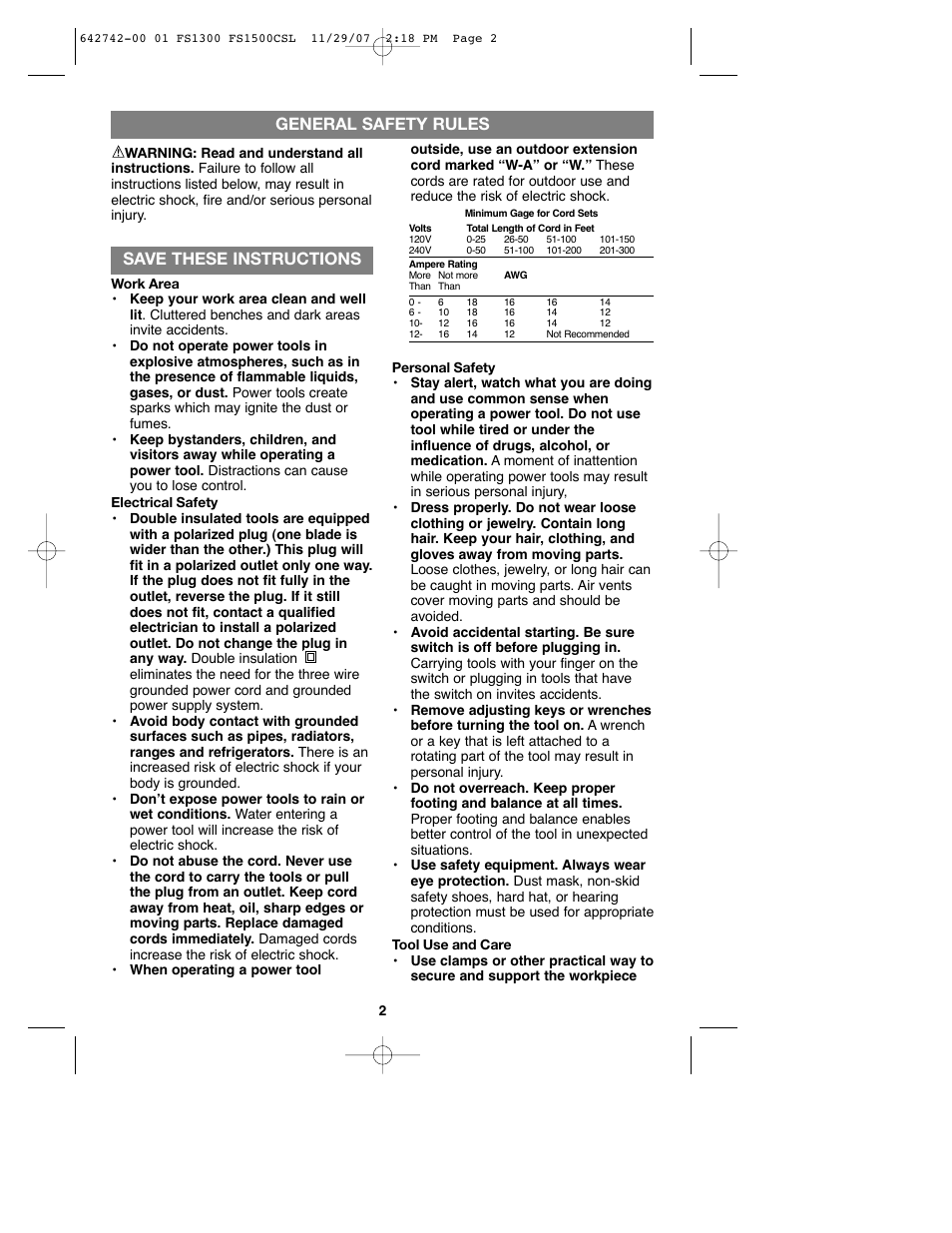 Save these instructions, General safety rules | Black & Decker FS1300CSL User Manual | Page 2 / 44