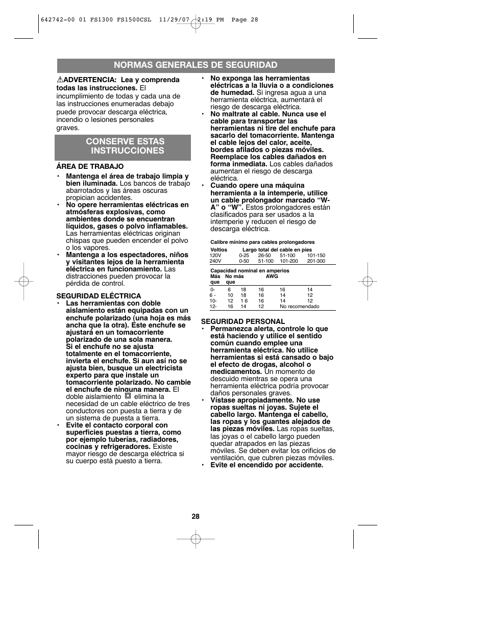 Normas generales de seguridad, Save conserve estas instr instrucciones ucciones t, Conserve estas instrucciones | Black & Decker FS1300CSL User Manual | Page 28 / 44