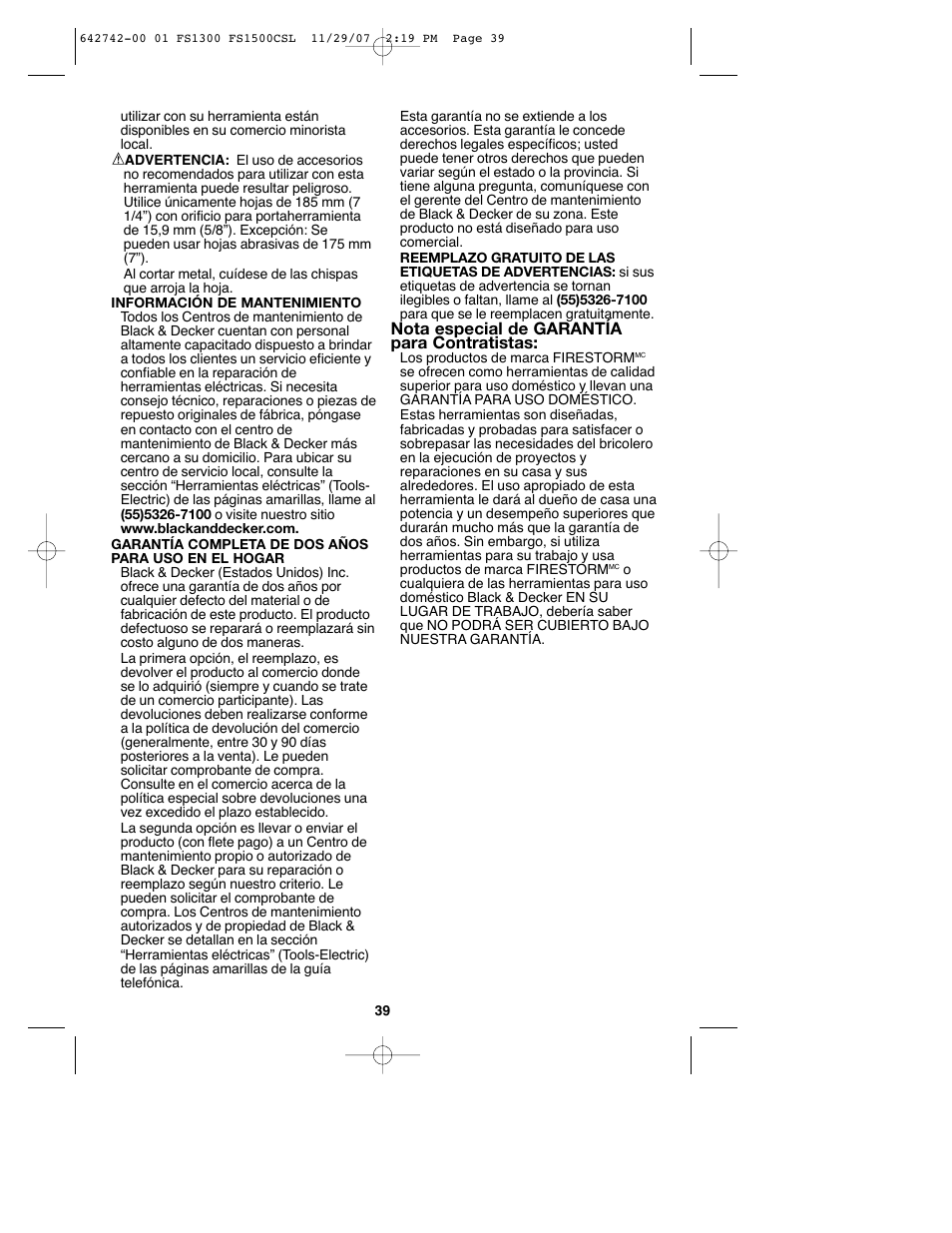 Nota especial de garantía para contratistas | Black & Decker FS1300CSL User Manual | Page 39 / 44