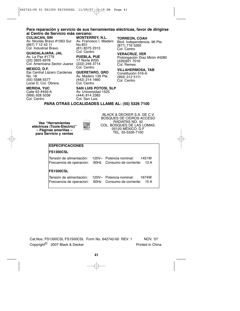 Black & Decker FS1300CSL User Manual | Page 41 / 44