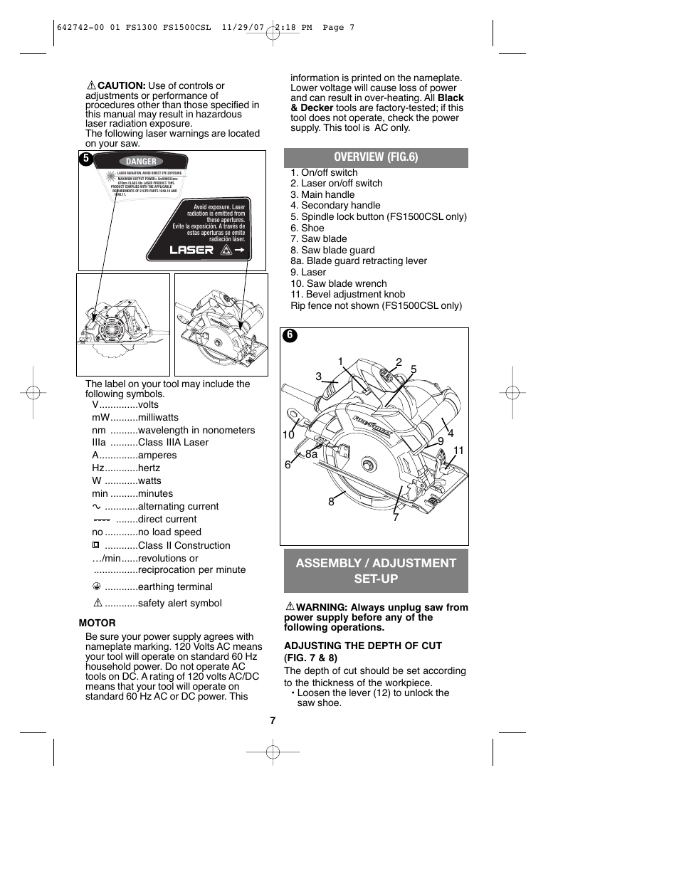 Overview (fig.6), Assembly / adjustment set-up | Black & Decker FS1300CSL User Manual | Page 7 / 44