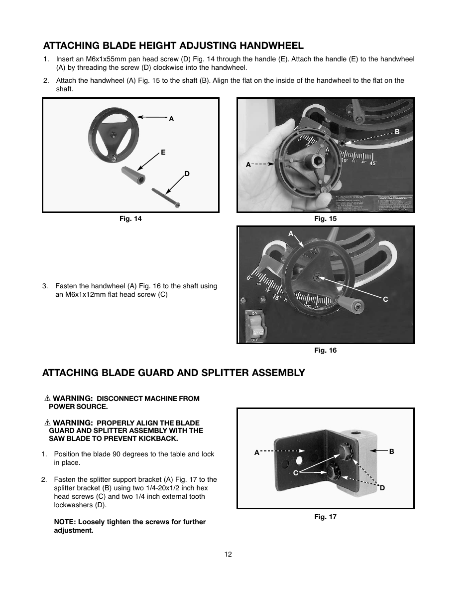Attaching blade height adjusting handwheel, Attaching blade guard and splitter assembly | Black & Decker 90528116 User Manual | Page 12 / 60