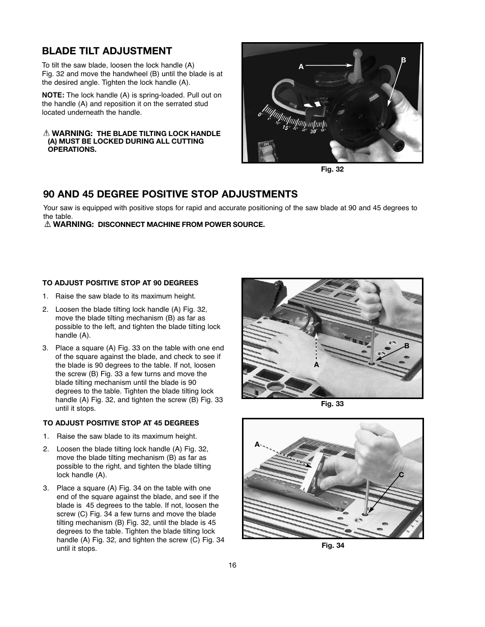 Blade tilt adjustment, 90 and 45 degree positive stop adjustments | Black & Decker 90528116 User Manual | Page 16 / 60