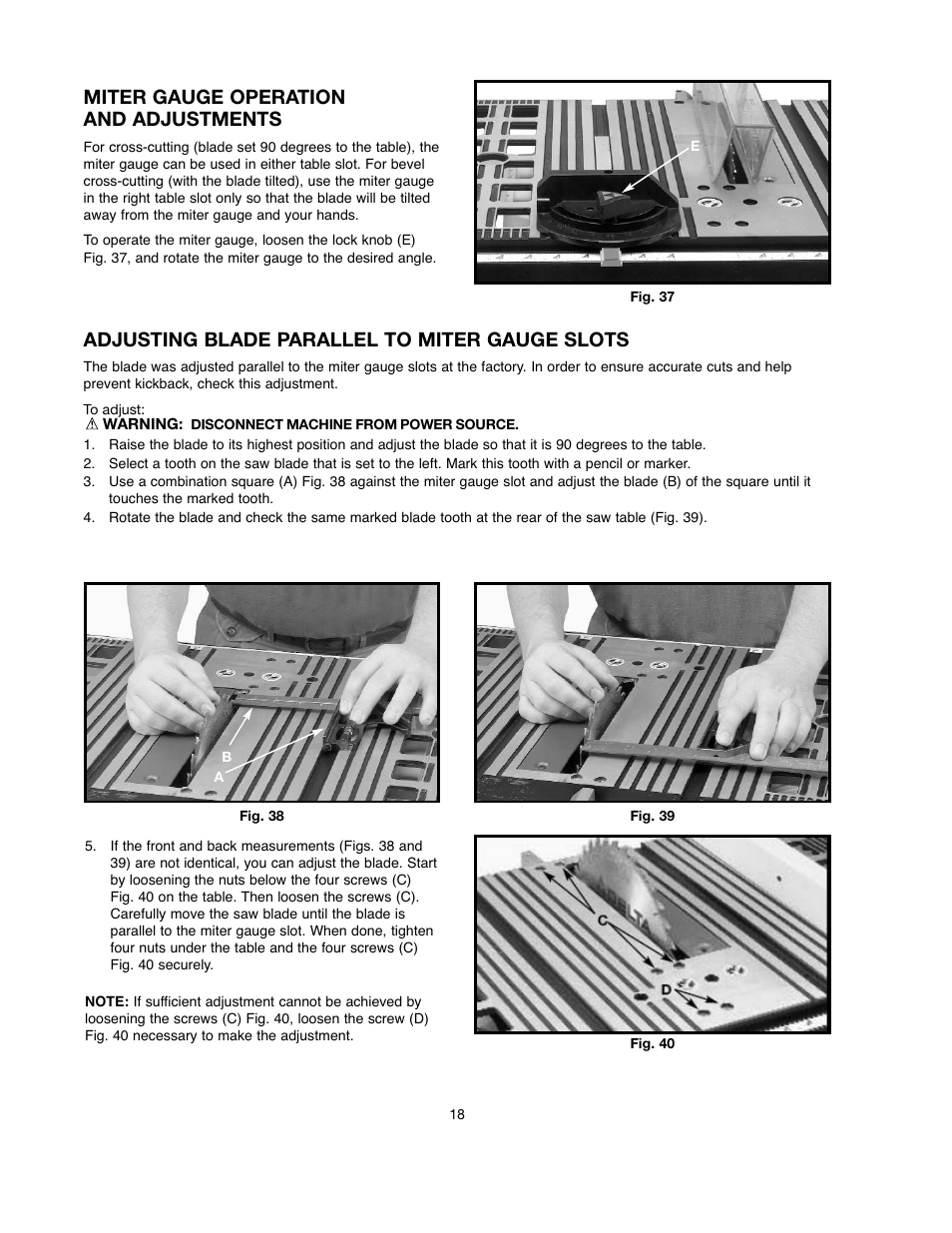 Miter gauge operation and adjustments, Adjusting blade parallel to miter gauge slots | Black & Decker 90528116 User Manual | Page 18 / 60