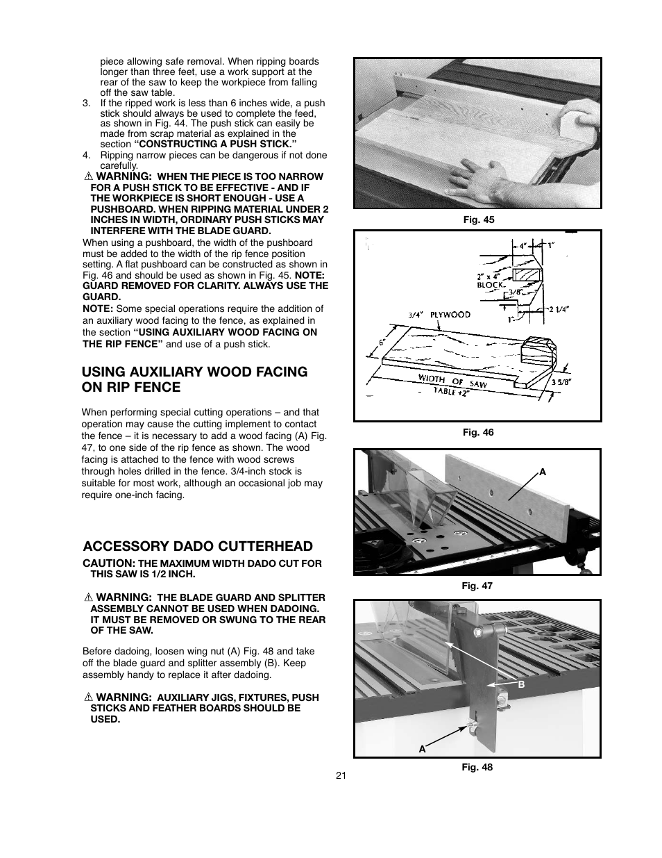 Accessory dado cutterhead, Using auxiliary wood facing on rip fence | Black & Decker 90528116 User Manual | Page 21 / 60