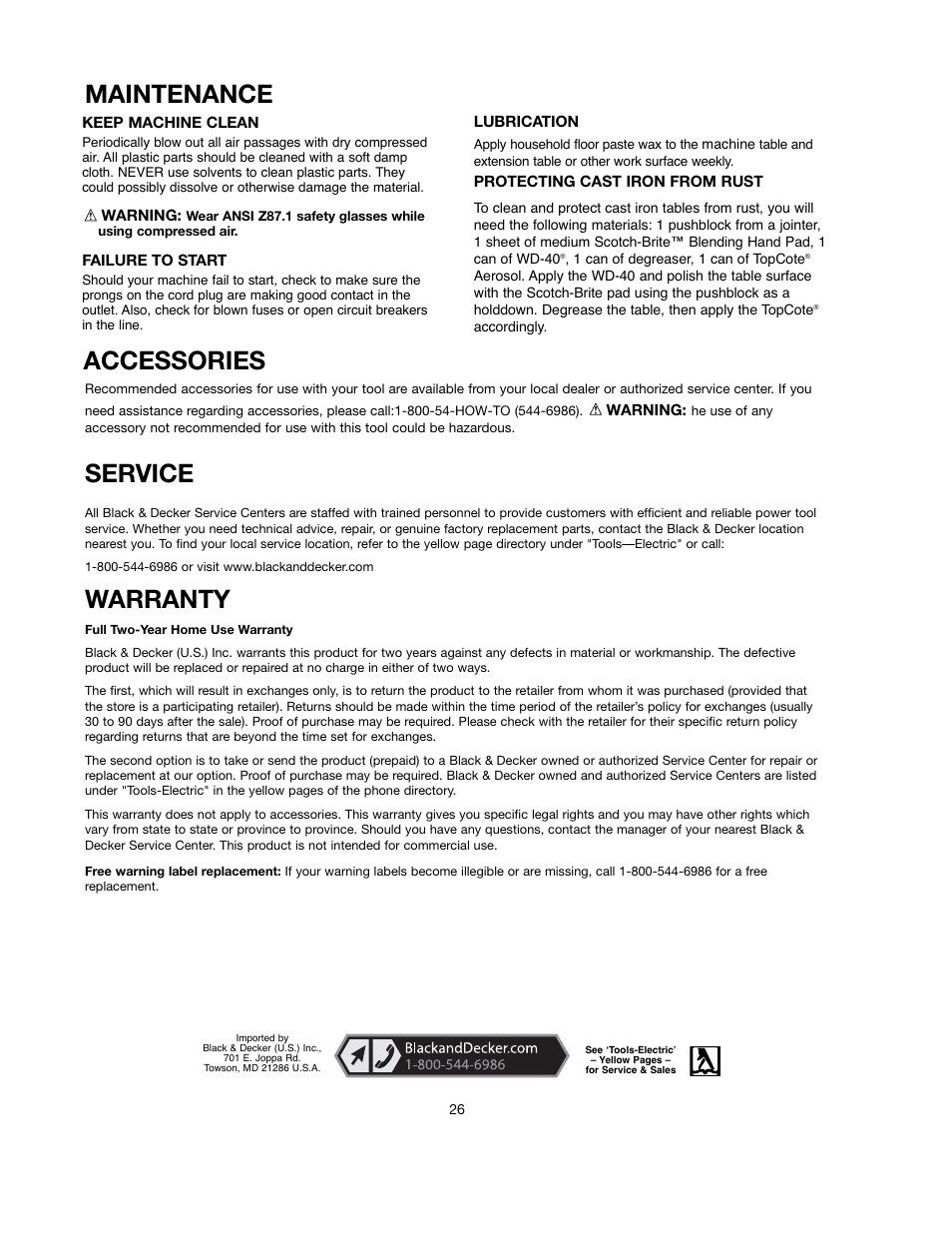 Maintenance, Accessories, Service warranty | Black & Decker 90528116 User Manual | Page 26 / 60