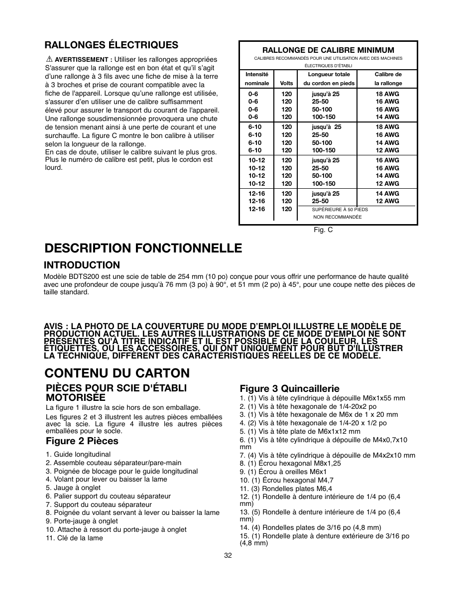 Description fonctionnelle, Contenu du carton, Figure 3 quincaillerie | Introduction, Rallonges électriques, Pièces pour scie d'établi motorisée, Figure 2 pièces | Black & Decker 90528116 User Manual | Page 32 / 60