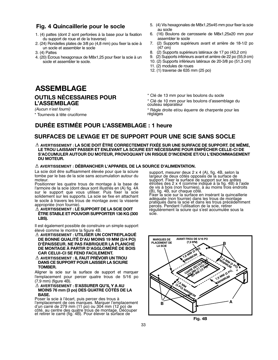 Assemblage, Outils nécessaires pour l’assemblage, Durée estimée pour l’assemblage : 1 heure | Fig. 4 quincaillerie pour le socle | Black & Decker 90528116 User Manual | Page 33 / 60