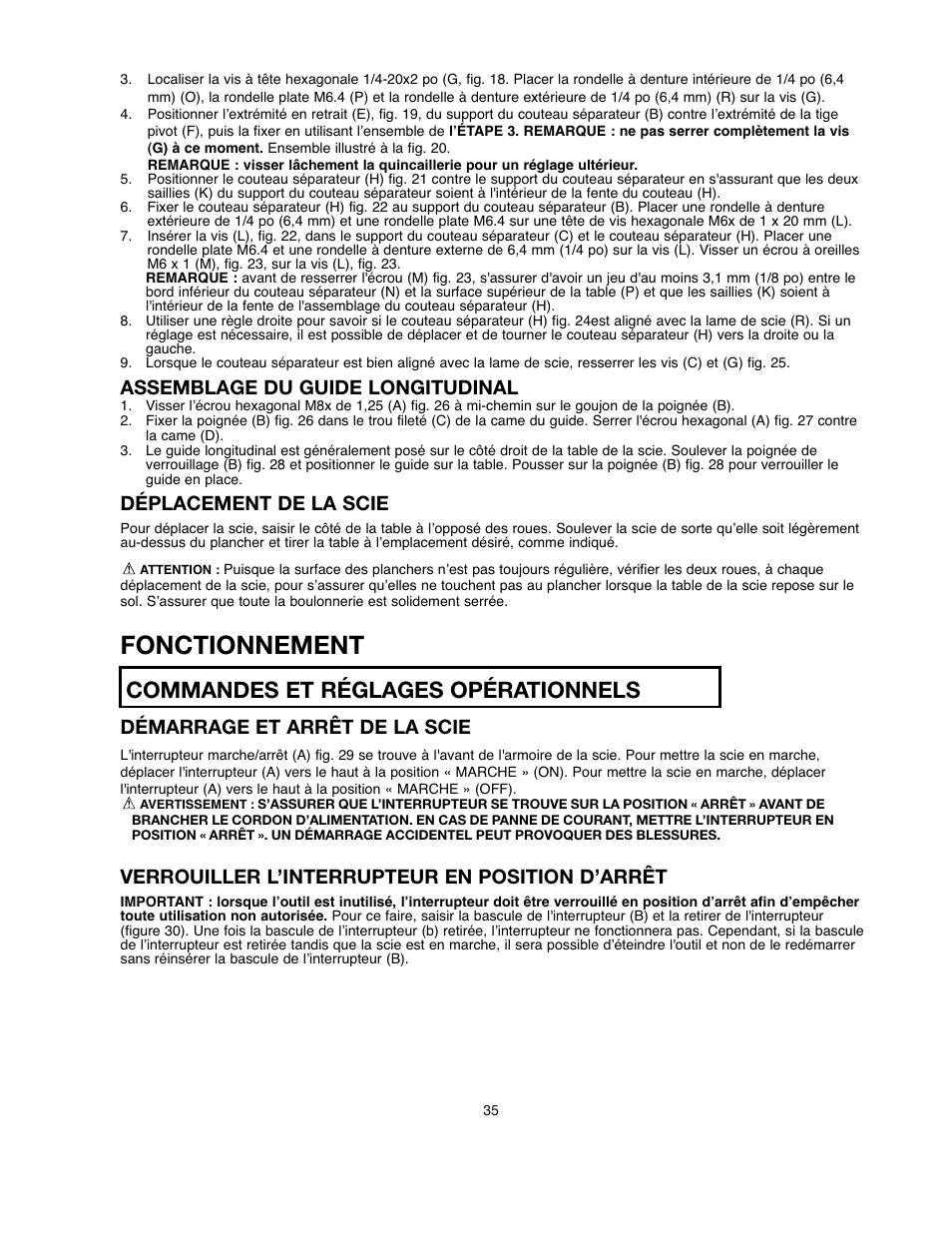 Fonctionnement, Commandes et réglages opérationnels, Assemblage du guide longitudinal | Déplacement de la scie, Démarrage et arrêt de la scie, Verrouiller l’interrupteur en position d’arrêt | Black & Decker 90528116 User Manual | Page 35 / 60