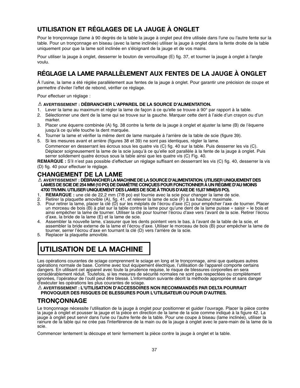 Utilisation de la machine, Utilisation et réglages de la jauge à onglet, Changement de la lame | Tronçonnage | Black & Decker 90528116 User Manual | Page 37 / 60