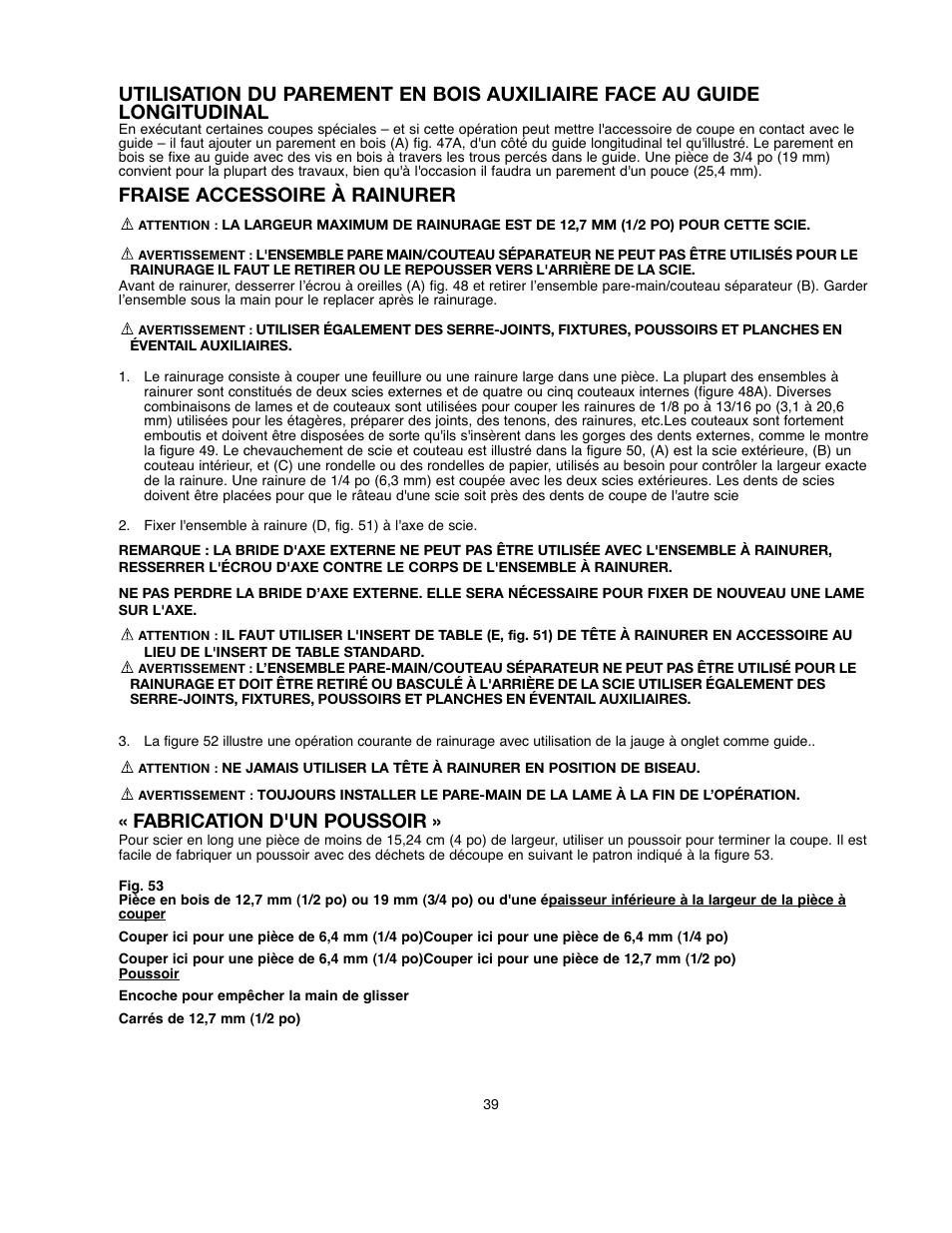 Fraise accessoire à rainurer, Fabrication d'un poussoir | Black & Decker 90528116 User Manual | Page 39 / 60