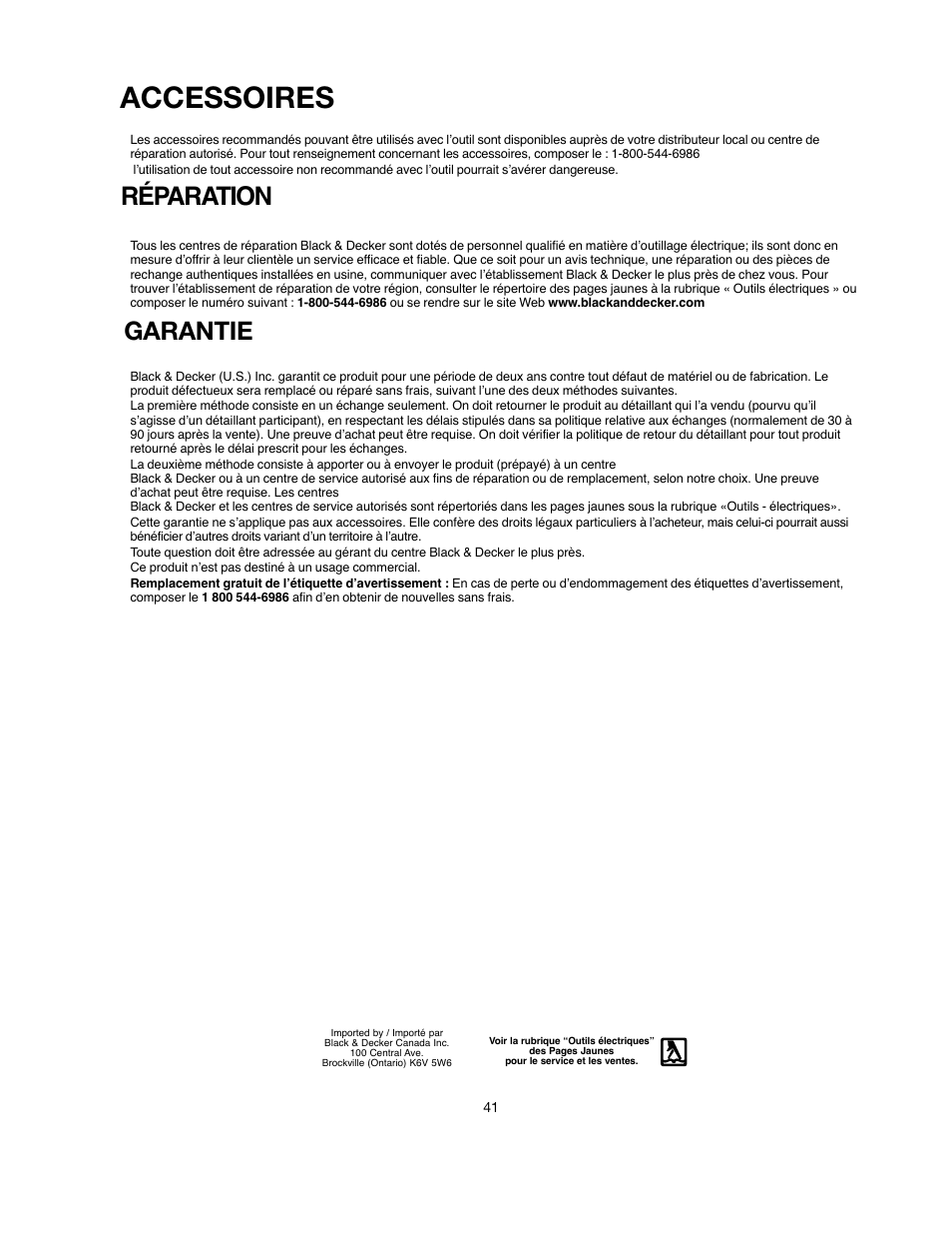 Accessoires, Réparation garantie | Black & Decker 90528116 User Manual | Page 41 / 60
