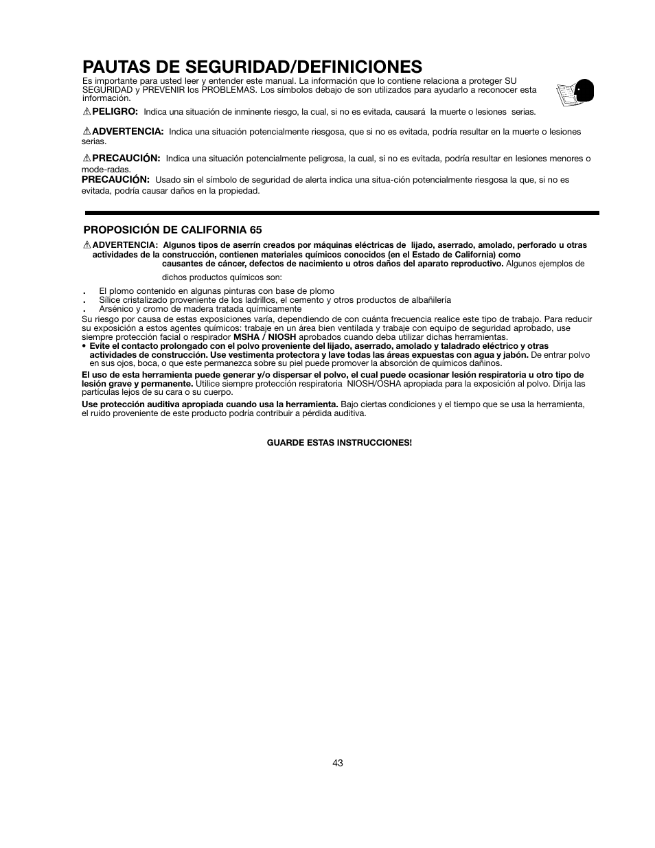 Pautas de seguridad/definiciones | Black & Decker 90528116 User Manual | Page 43 / 60