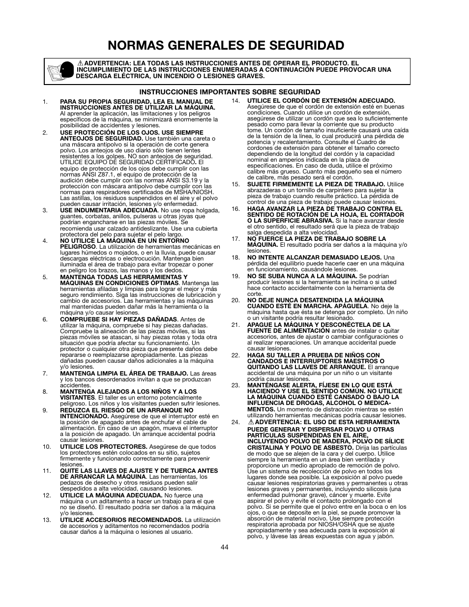 Normas generales de seguridad | Black & Decker 90528116 User Manual | Page 44 / 60