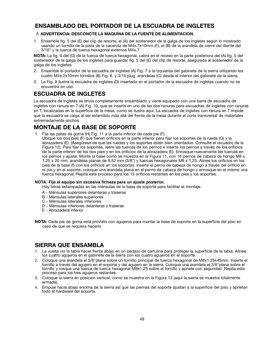 Sierra que ensambla, Escuadra de ingletes, Montaje de la base de soporte | Ensamblado del portador de la escuadra de ingletes | Black & Decker 90528116 User Manual | Page 49 / 60