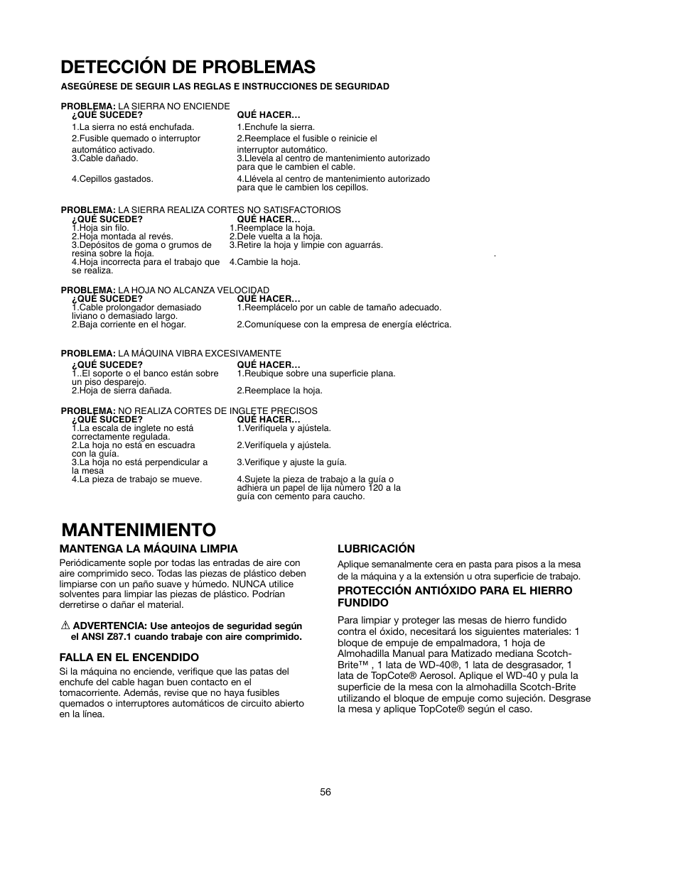 Detección de problemas mantenimiento | Black & Decker 90528116 User Manual | Page 56 / 60