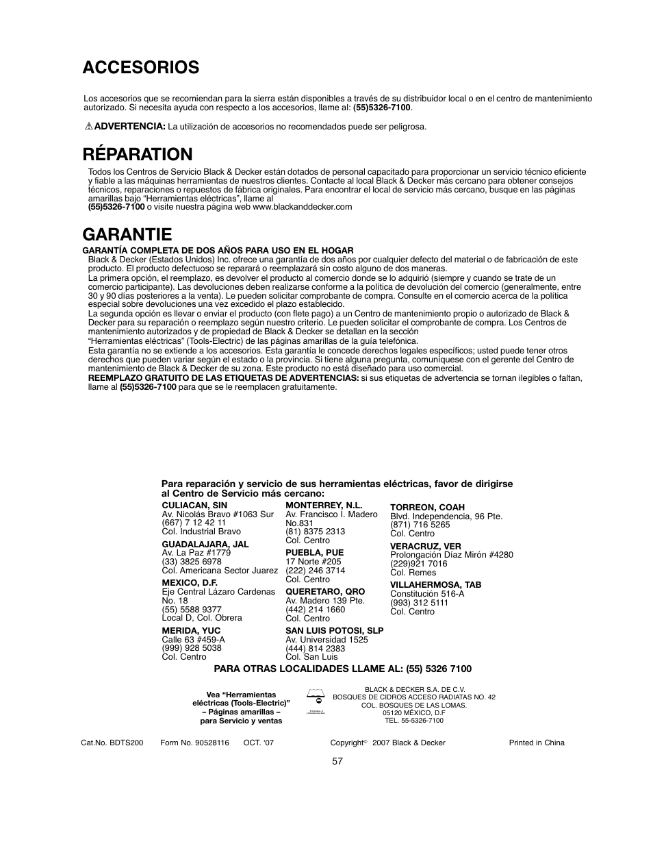 Réparation garantie, Accesorios | Black & Decker 90528116 User Manual | Page 57 / 60