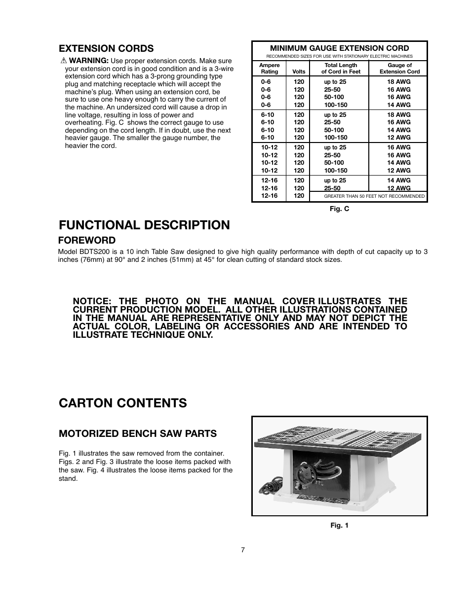 Functional description, Carton contents, Foreword | Extension cords, Motorized bench saw parts | Black & Decker 90528116 User Manual | Page 7 / 60