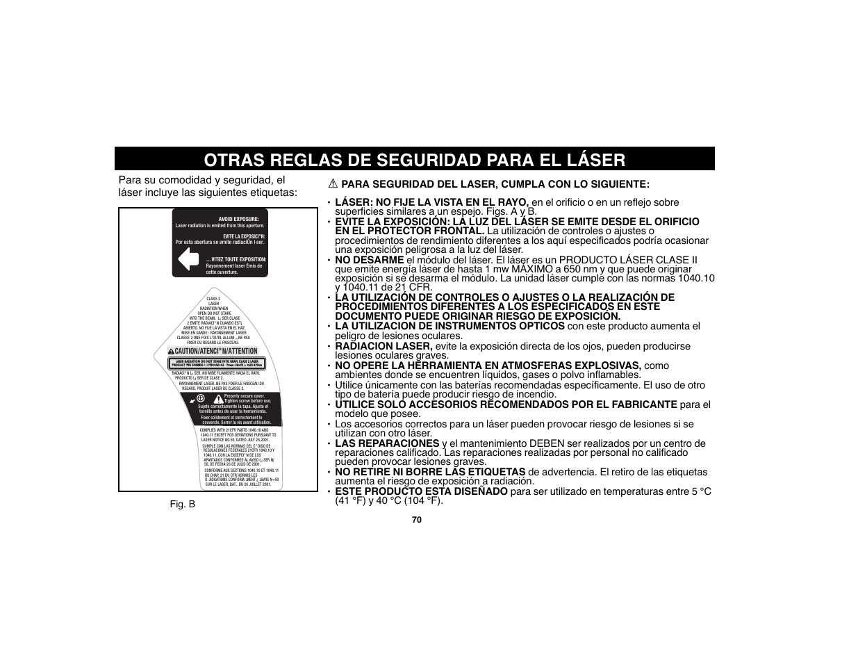 Otras reglas de seguridad para el láser | Black & Decker Fire Storm 90524442 User Manual | Page 70 / 89