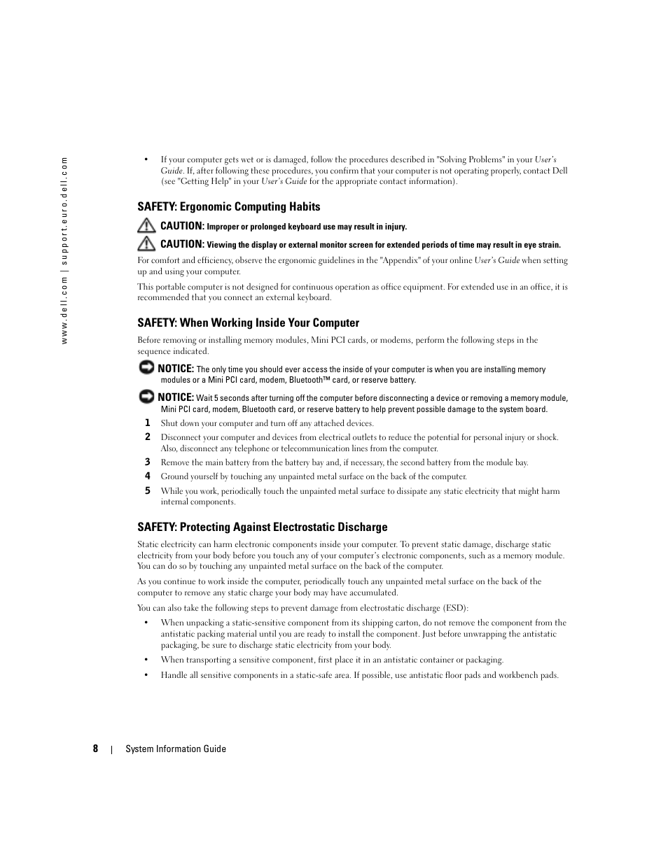 Safety: ergonomic computing habits, Safety: when working inside your computer, Safety: protecting against electrostatic discharge | Dell Latitude D505 User Manual | Page 10 / 172