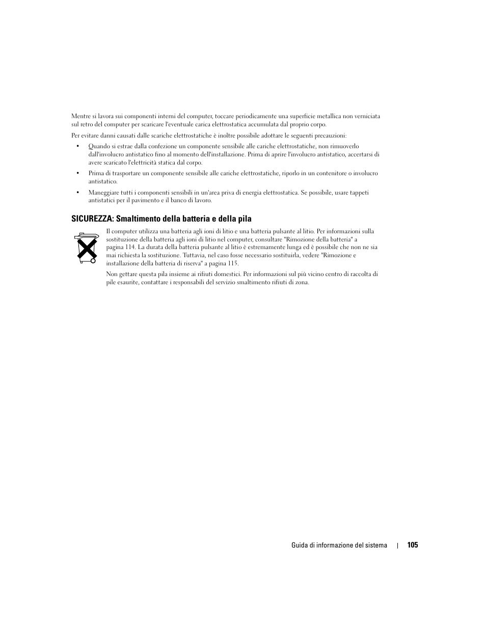 Sicurezza: smaltimento della batteria e della pila | Dell Latitude D505 User Manual | Page 107 / 172