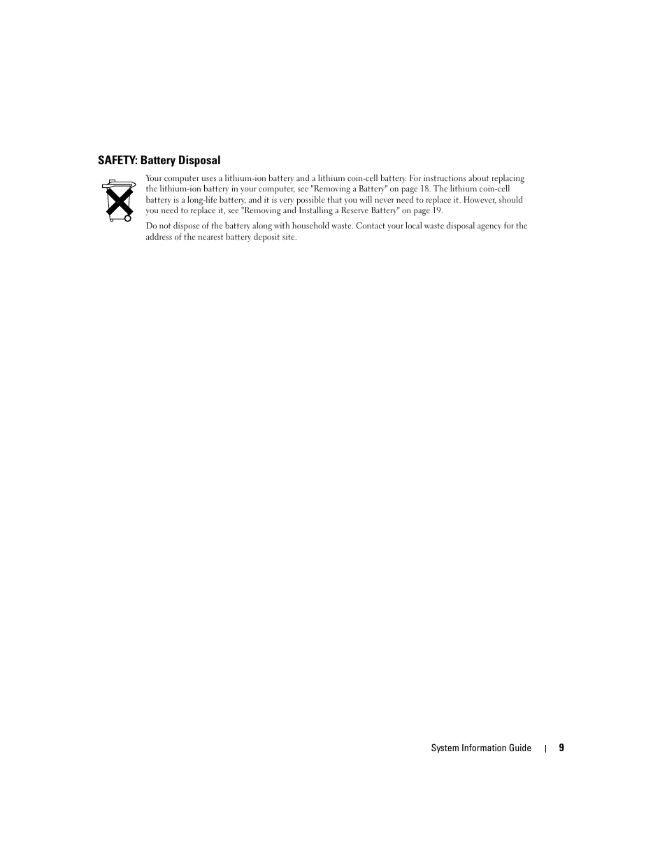 Safety: battery disposal | Dell Latitude D505 User Manual | Page 11 / 172