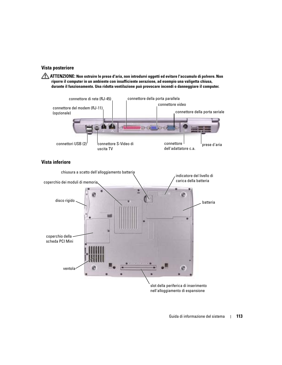 Vista posteriore, Vista inferiore | Dell Latitude D505 User Manual | Page 115 / 172