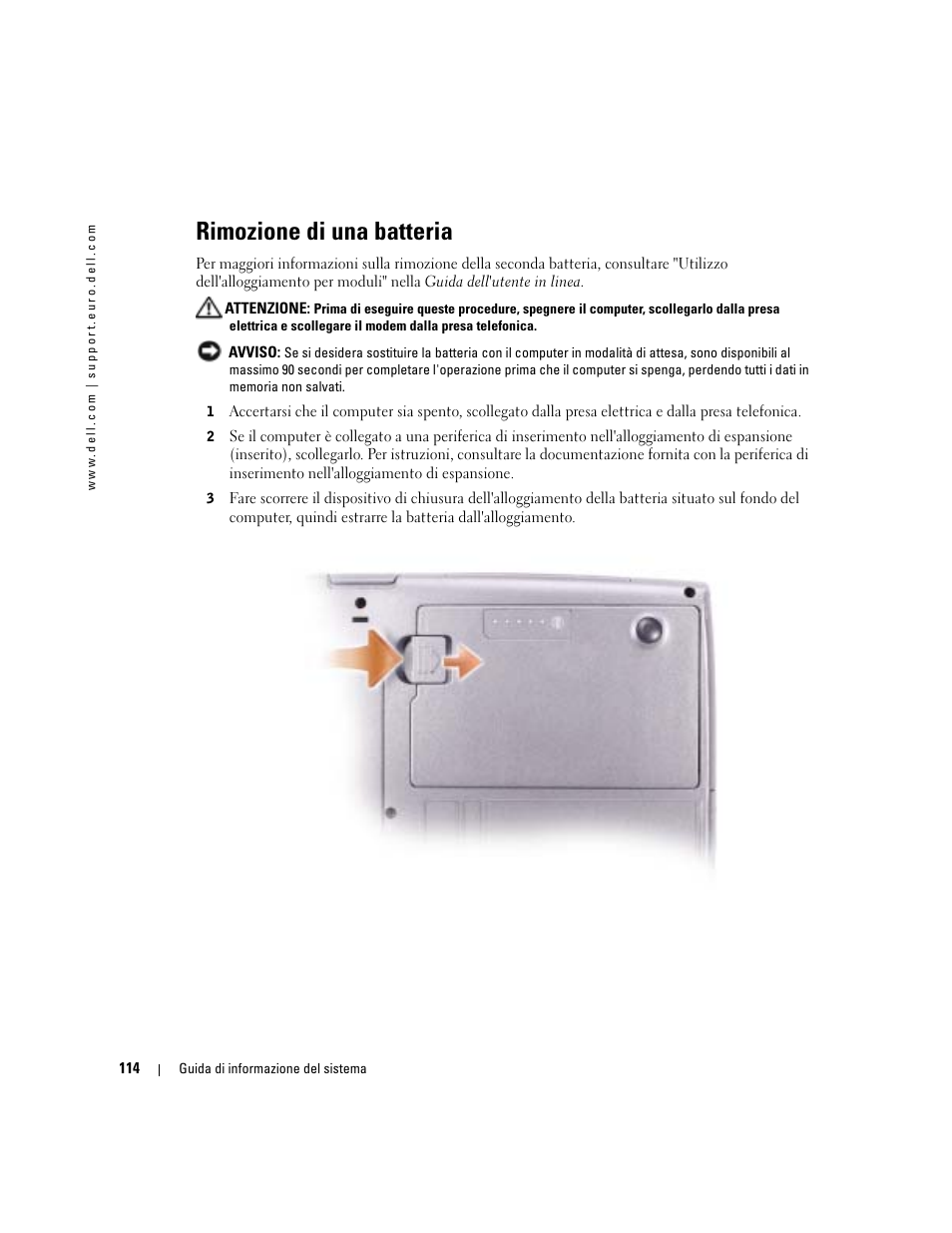 Rimozione di una batteria | Dell Latitude D505 User Manual | Page 116 / 172