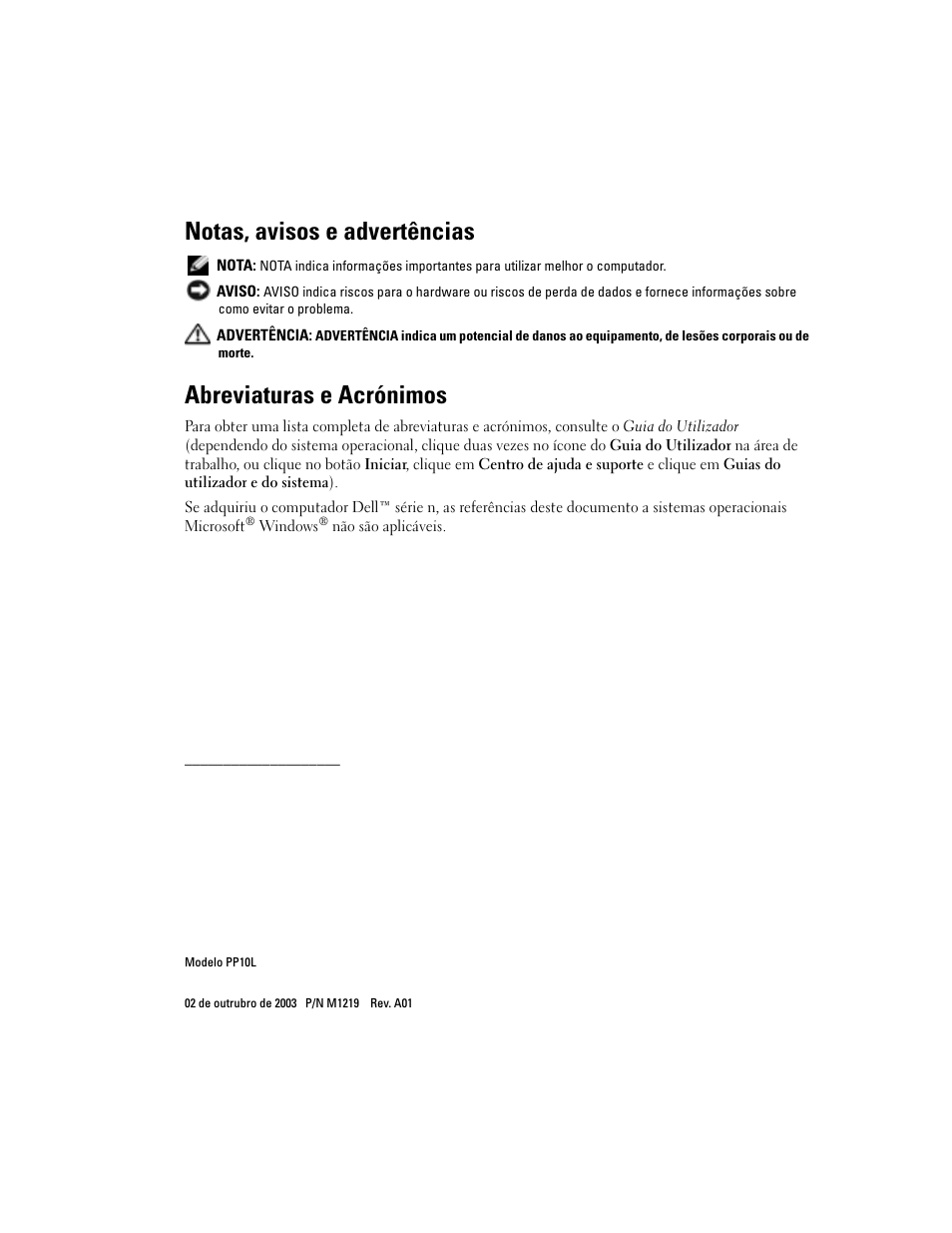 Notas, avisos e advertências, Abreviaturas e acrónimos | Dell Latitude D505 User Manual | Page 124 / 172