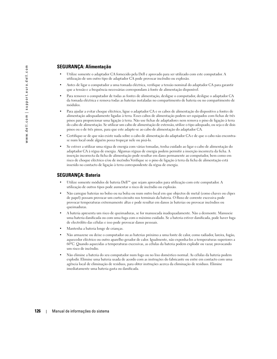 Segurança: alimentação, Segurança: bateria | Dell Latitude D505 User Manual | Page 128 / 172