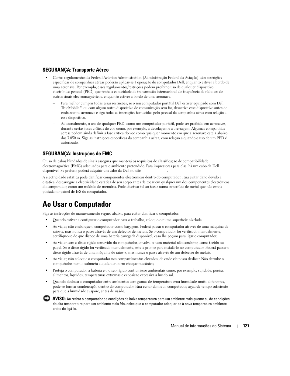 Ao usar o computador, Segurança: transporte aéreo, Segurança: instruções de emc | Dell Latitude D505 User Manual | Page 129 / 172