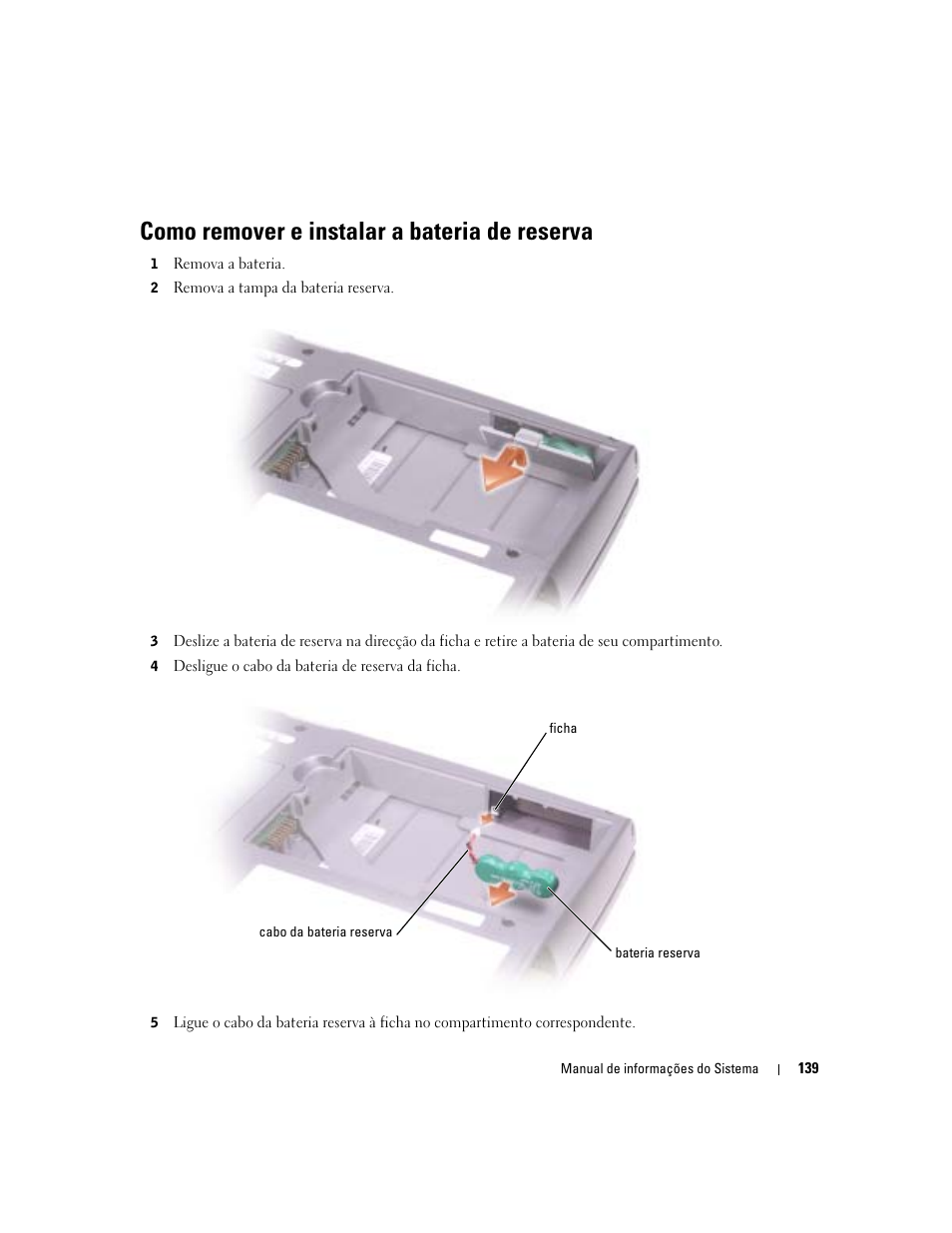 Como remover e instalar a bateria de reserva | Dell Latitude D505 User Manual | Page 141 / 172