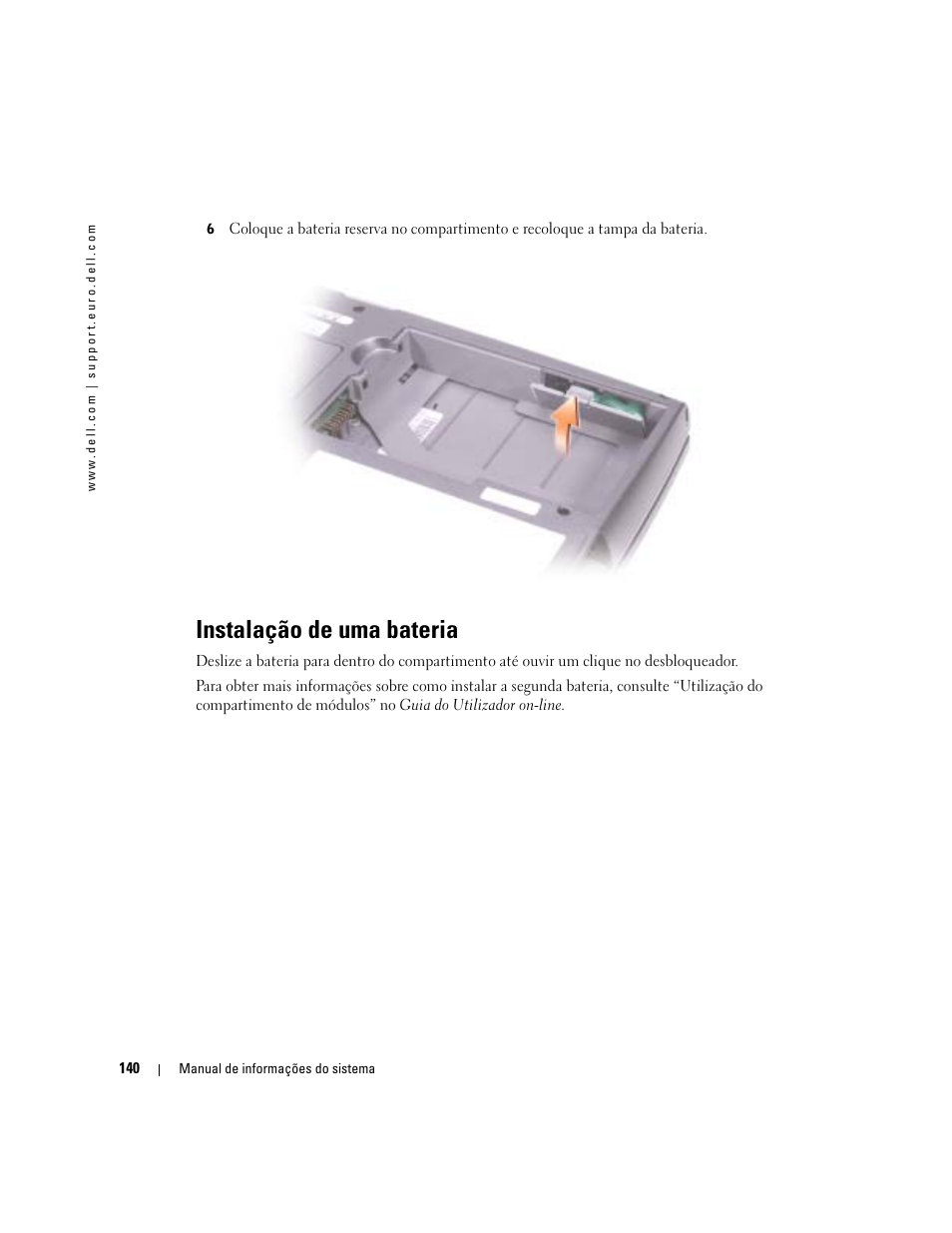Instalação de uma bateria | Dell Latitude D505 User Manual | Page 142 / 172